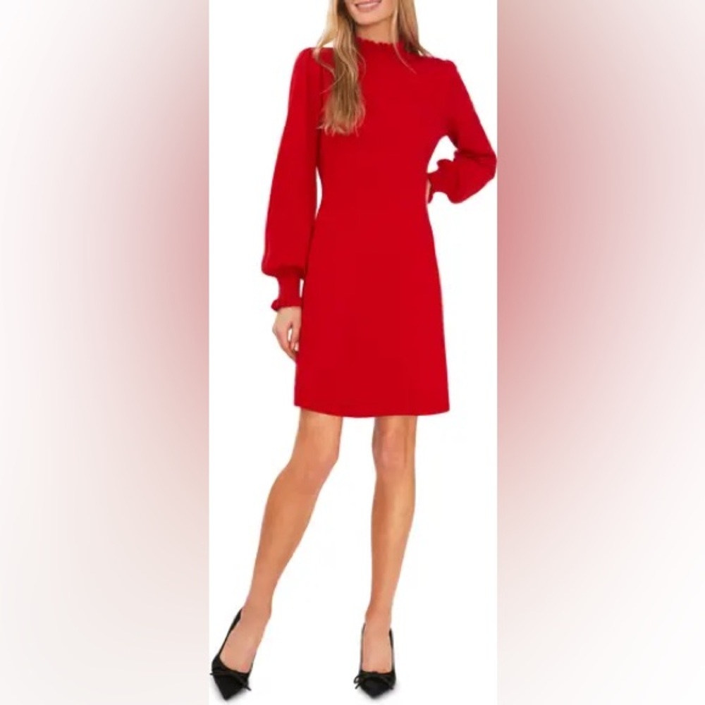 CeCe Women's Red Long Sleeve Smock Cuff Mock Neck Sweater Dress Size XL